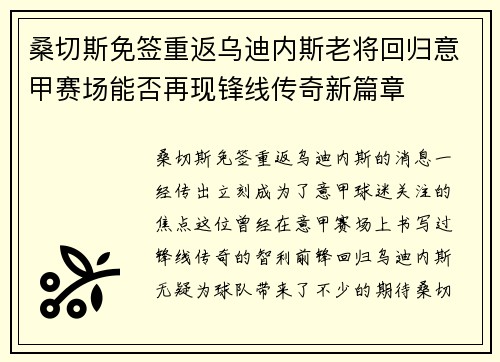 桑切斯免签重返乌迪内斯老将回归意甲赛场能否再现锋线传奇新篇章