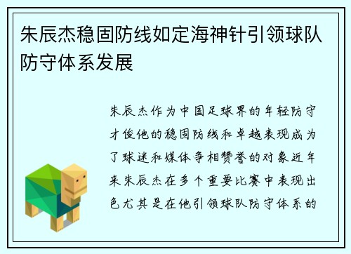 朱辰杰稳固防线如定海神针引领球队防守体系发展