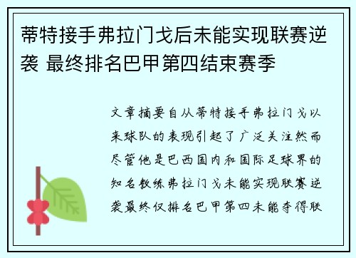 蒂特接手弗拉门戈后未能实现联赛逆袭 最终排名巴甲第四结束赛季