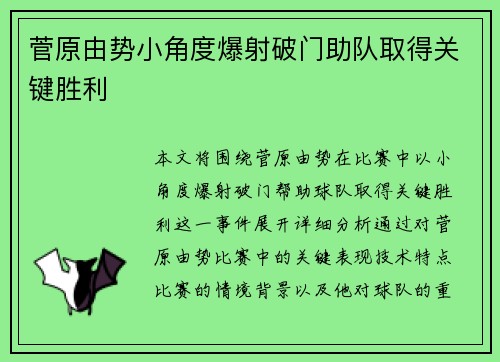 菅原由势小角度爆射破门助队取得关键胜利